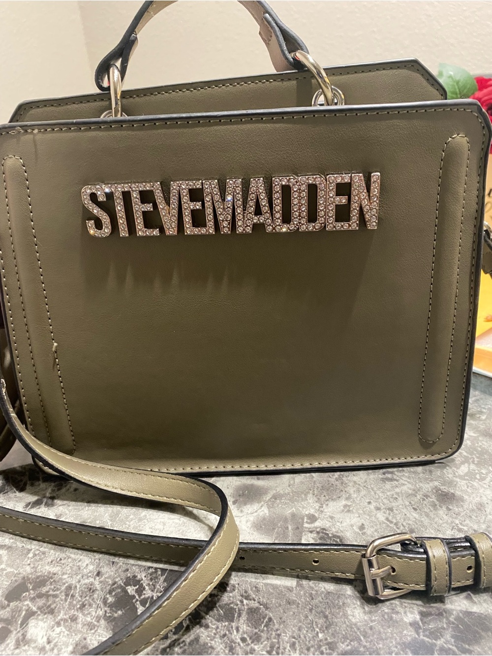 Steve Madden Olive Green Crystal Logo Top-Handle Satchel